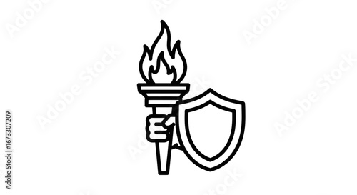 hand holding torch and shield protection, power, and enlightenment icon