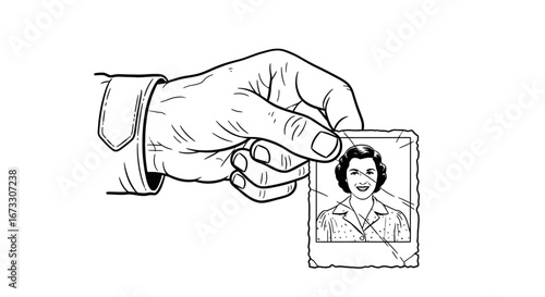 hand holding vintage photo of woman, nostalgia, memory, retro image, black and white