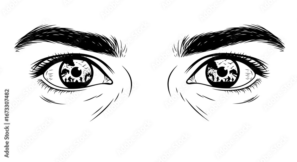Fototapeta premium intense eyes with skull reflection dark, mysterious ink drawing of human eyes