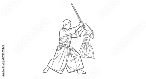 iaido martial art swordsmanship training, two men kendo practice, japanese samurai