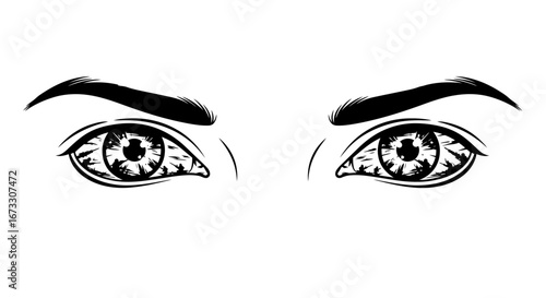 intense womans eyes drawing, black ink, eyebrows, iris detail, closeup view