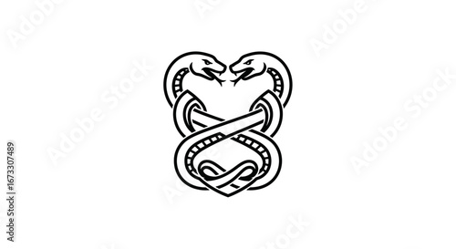 intertwined snakes heart shape logo black line art, symbolic design, tattoo