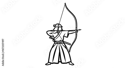 japanese archer in traditional kimono with bow and arrow line art illustration