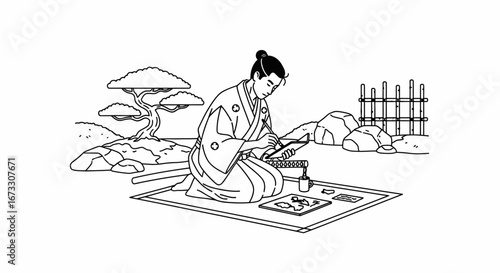 japanese samurai in zen garden calligraphy art, ink, writing, peaceful mood