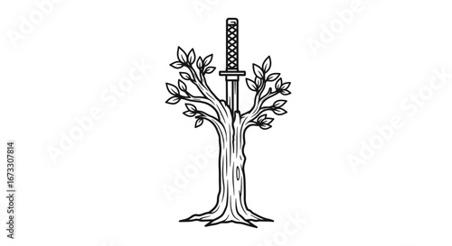 katana sword in tree trunk nature, strength, and tranquility line art