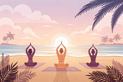 Sunrise Beach Yoga Meditation with Tropical Island View