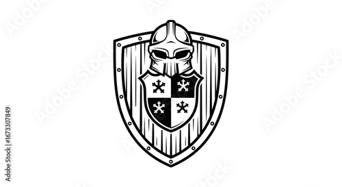 knight helmet and wooden shield emblem medieval combat, chivalry, protection