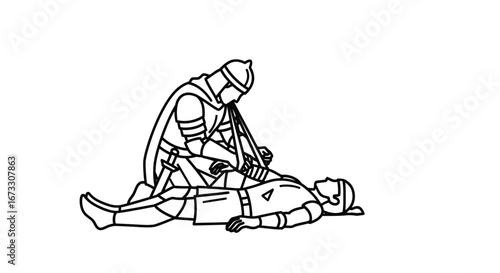 knight attending fallen comrade line art, medieval combat, black and white illustration