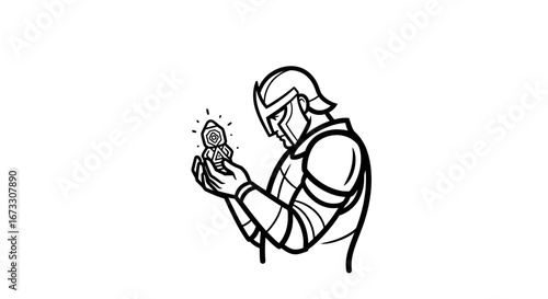knight in armor contemplating glowing gemstone fantasy art illustration