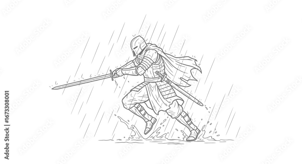 Obraz premium knight in rain, running, sword, medieval, fantasy, combat, action, warrior, sketch, drawing