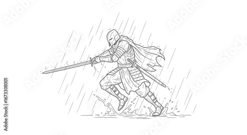 knight in rain, running, sword, medieval, fantasy, combat, action, warrior, sketch, drawing