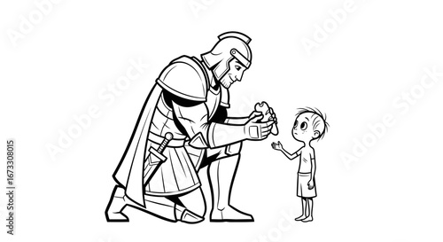 knight in shining armor giving a gift to a poor child, black and white illustration, compassion, generosity