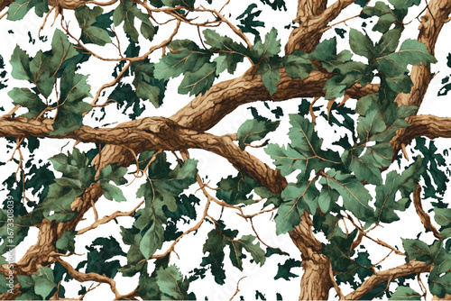 Real-tree camouflage pattern with green leaves and brown oak tree branches.A camouflage pattern made of real tree branches and green leaves, with an American-style camo design for hunting in the woods