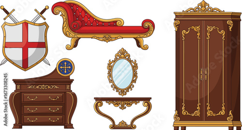 Elegant vintage medieval furniture set including ornate chaise lounge, antique wardrobe, classic dresser with mirror, decorative shield with swords, luxury royal style décor