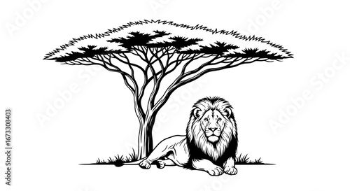 majestic african lion resting under acacia tree wildlife, savannah, pride, king