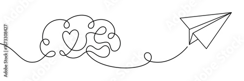 Continuous line drawing of brain with heart inside and paper airplane, symbol of mind and feelings, love in the head, emotions within thinking, minimalistic abstract banner for psychology and romance