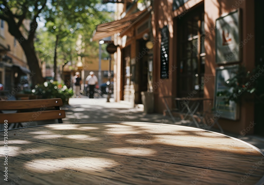 Fototapeta premium Empty Wooden Outdoor Cafe Table on a Sunny European Street