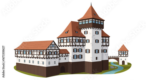 medieval castle illustration fairytale architecture, tower, river, bridge, fortified house