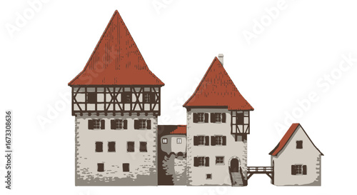 medieval castle illustration historic fortress, stone walls, red roofs, ancient architecture