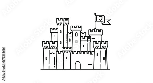 medieval castle illustration line art fortress, tower, flag, royal architecture