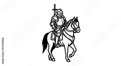 medieval knight on horseback, armed, armor, sword, illustration, vintage style