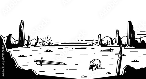 medieval landscape illustration swords, helmet, rocks, and sunset