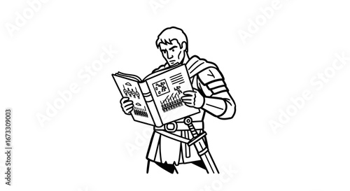medieval warrior studying ancient book strategy, history, knowledge