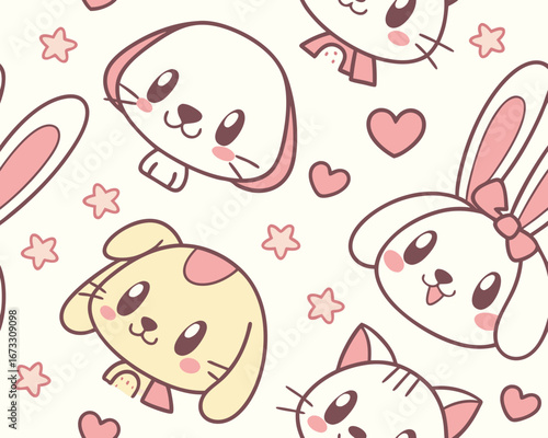 Wallpaper Mural A seamless kawaii-style pattern featuring cute cartoon animals in pastel tones. Ideal for kids’ textiles, stationery, wallpapers, and digital backgrounds. Torontodigital.ca