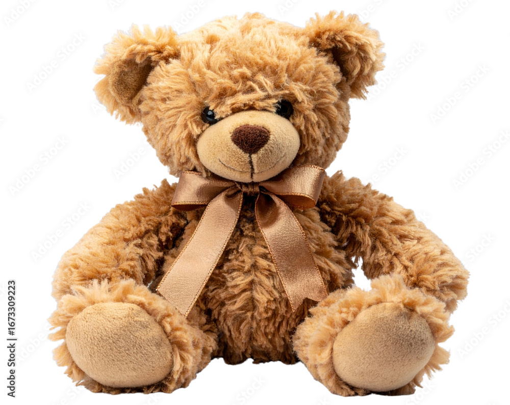 Obraz premium Vintage Teddy Bear with Ribbon Bow, hand-crafted style, slightly tilted, isolated on transparent background