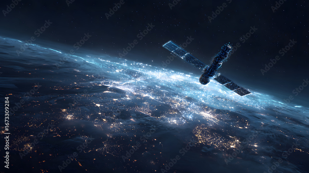 Obraz premium A futuristic satellite collecting climate data from Earth with glowing interface overlays.