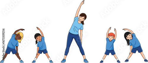 Group of children and female teacher doing stretching exercises together, fitness class, physical education activity, healthy lifestyle concept
