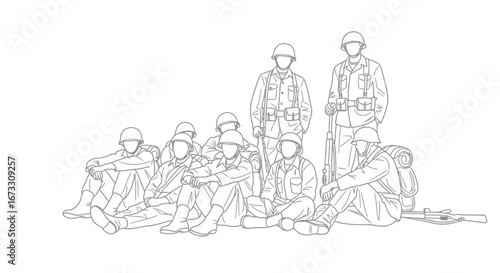 military soldiers army men war combat veterans group sitting standing