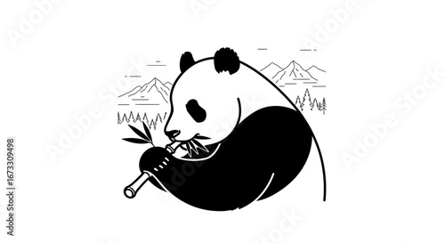 panda eating bamboo minimalist line art mountain landscape design