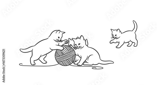 playful kittens with yarn ball adorable line art illustration of cats