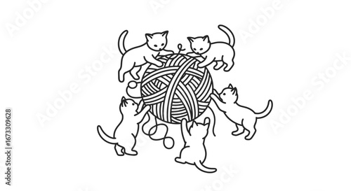 playful kittens with yarn ball adorable cat illustration, pet fun, cute animals