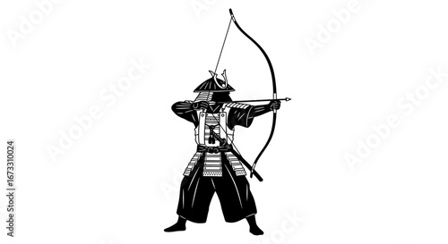samurai archer japanese warrior, archery, yumi bow, combat, black and white illustration