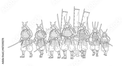 samurai army, warrior, japan, medieval, asian, line art, troops, swords, battle, ancient, history, military, feudal, parade, marching