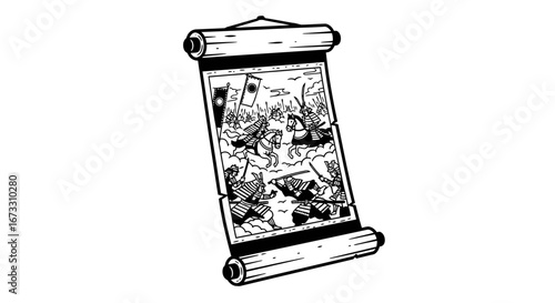 samurai battle scroll ancient japanese warrior artwork, black and white illustration