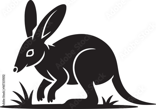 Black Silhouette of a Kangaroo with Large Ears on White Background