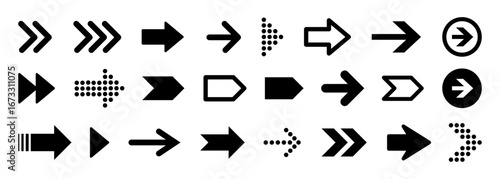 Arrow black icons set. Modern flat arrow symbols and cursors collection, simple directional pointers vector illustration.