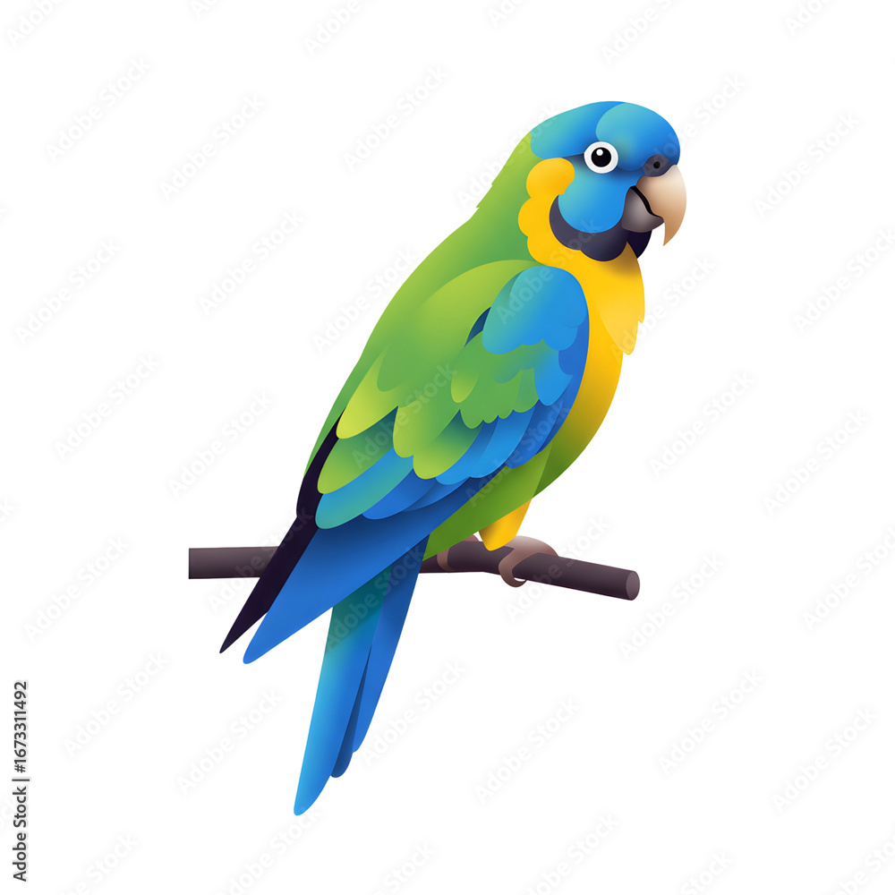 Obraz premium Cartoon macaw illustration perched on a branch, a colorful depiction for educational purposes and general decoration, standing out against a black backdrop