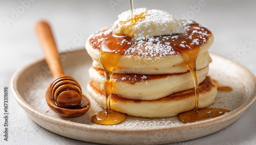 Stack of fluffy pancakes drizzled with honey and topped with butter and powdered sugar