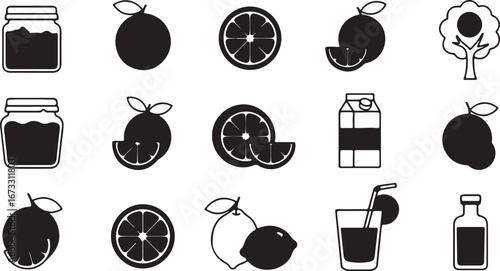 Collection of fresh fruit juice and jam jar icons representing healthy food and beverage choices silhouette