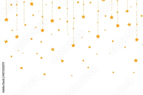 Hanging stars. Simple gold stars of various sizes dangle from strings, scattered against a stark white background, creating a festive, celestial effect