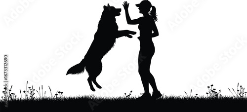 Silhouette of woman playing with dog jumping high on grass field, joyful pet training, outdoor activity, friendship and companionship concept vector illustration