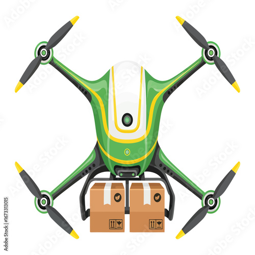 Delivery drone quadcopter with parcels. Autonomous shipping and logistics technology vector illustration.