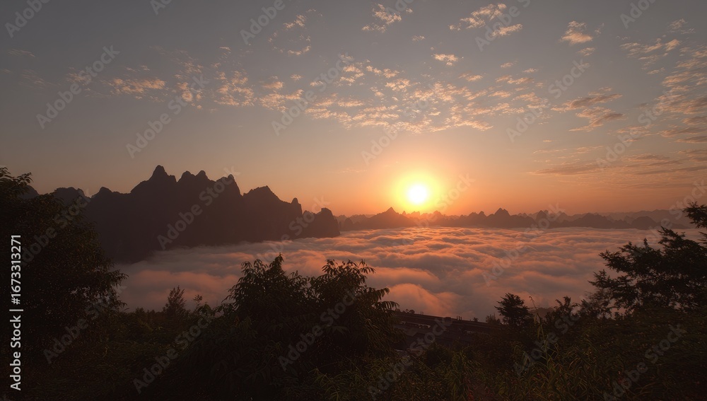 Fototapeta premium Scenic sunrise over a sea of fog, with mountainous peaks silhouetted in the distance. Warm light filters through the clouds