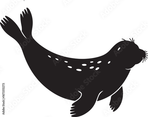 Silhouette of a spotted seal swimming with flippers and tail visible