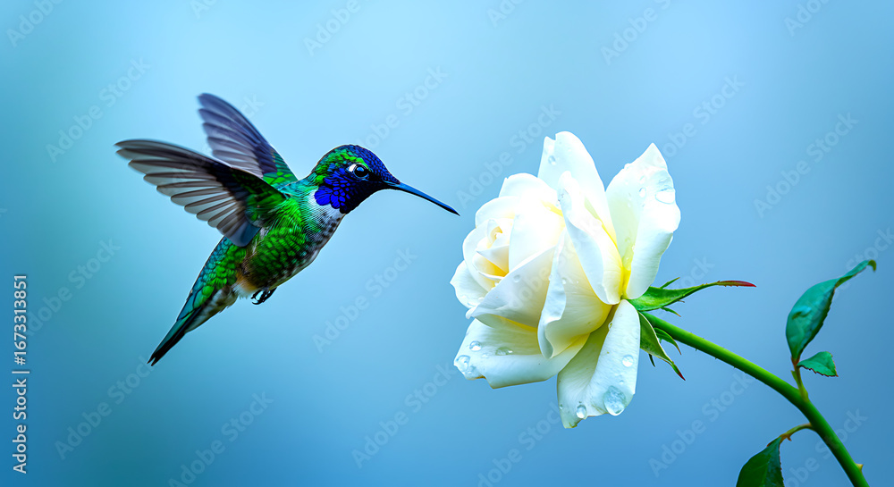 Fototapeta premium A vibrant green hummingbird with iridescent feathers hovers mid air as it drinks nectar from a delicate white rose in soft blue light