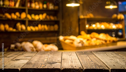 Wooden Table in Front of a Bakery Display with Freshly Baked Goods.